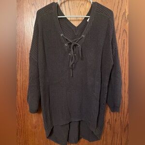 Altar'd State Dark Brown Lace-Up V-Neck Sweater